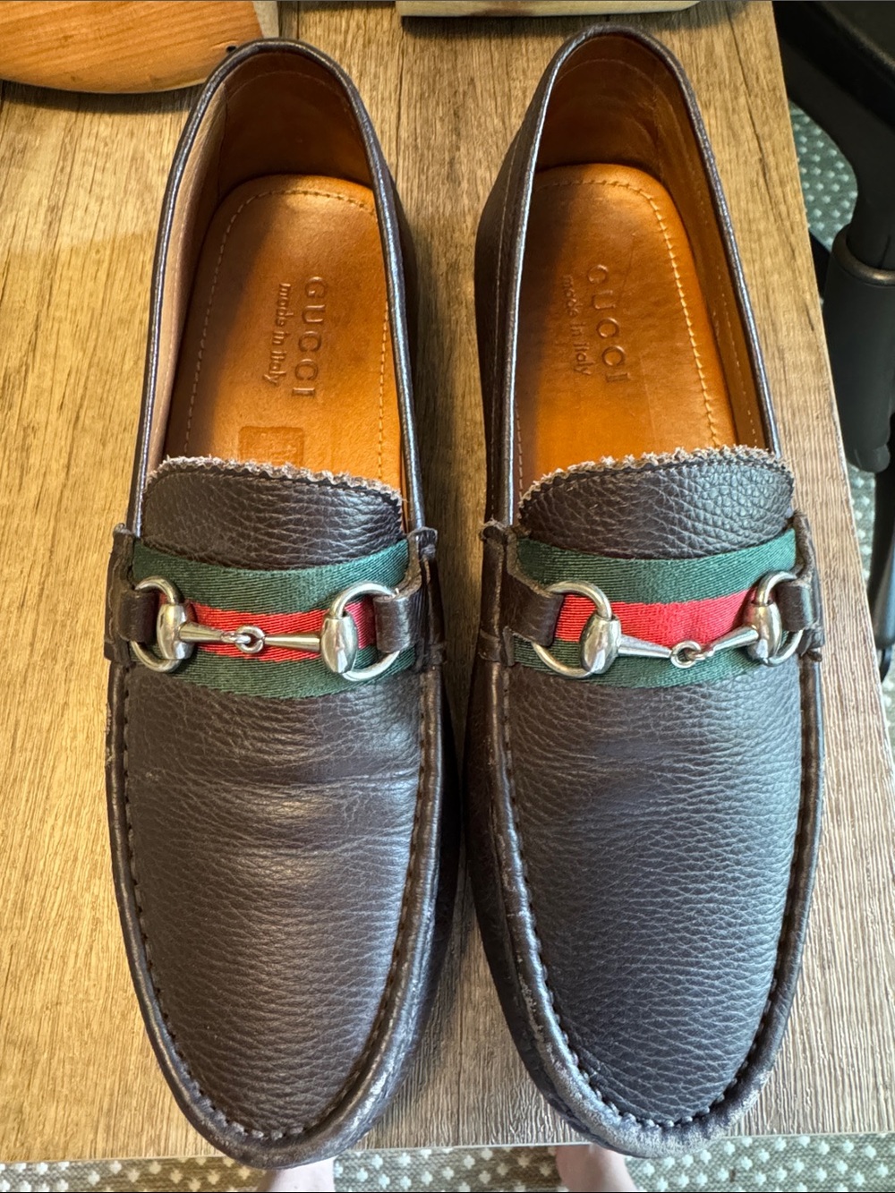 Gucci Men’s Brown Leather Horsebit Driving Loafers Green-Red US 9/ UK GUCCI 8